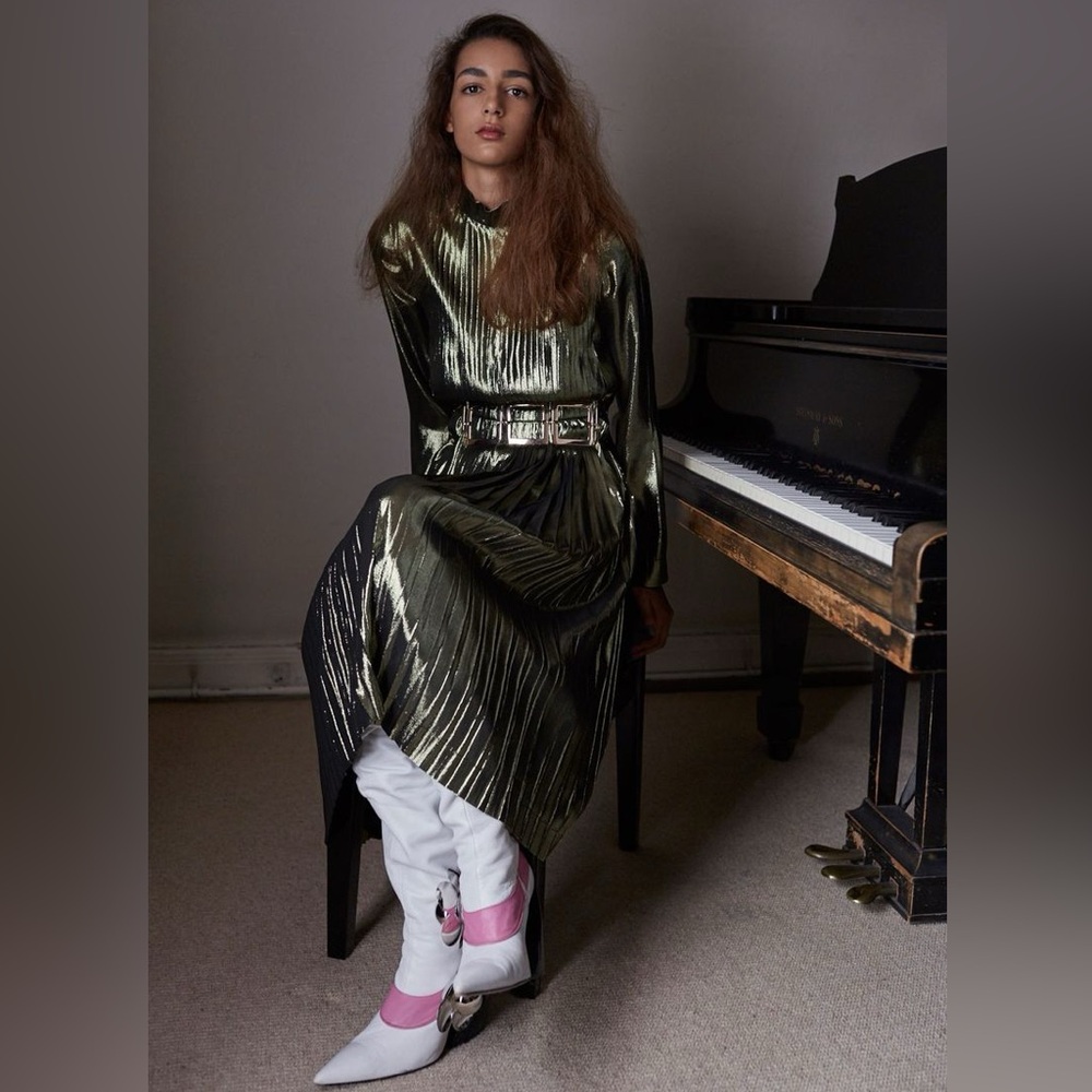 Loewe Shiny Pleated Lurex Midi Length Dress. Sweet shiny metallic olive green. - Picture 3 of 15